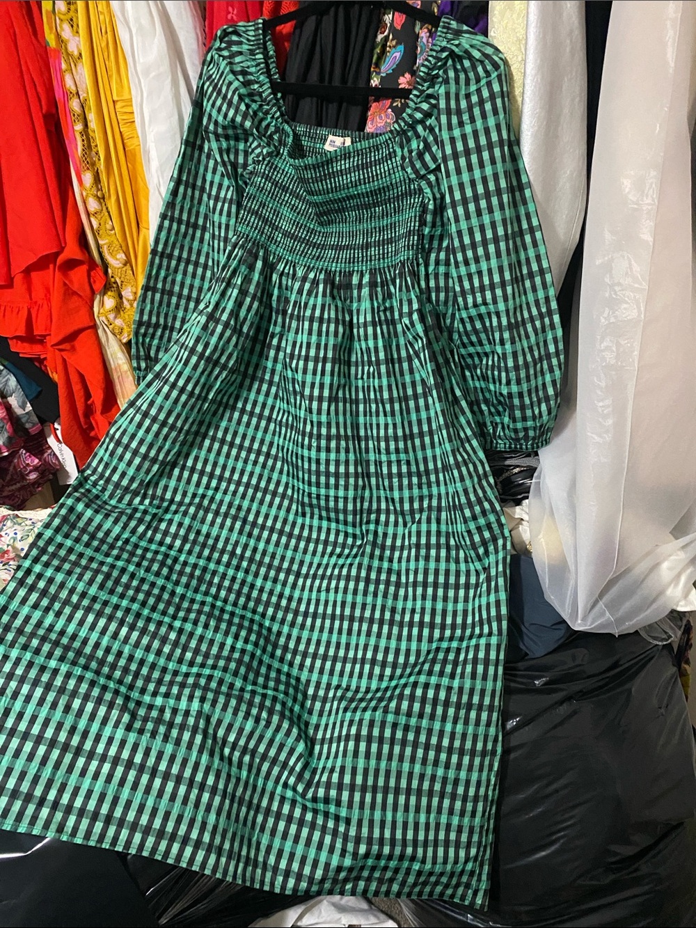 Green and Black Gingham Smocked Kids' Dress